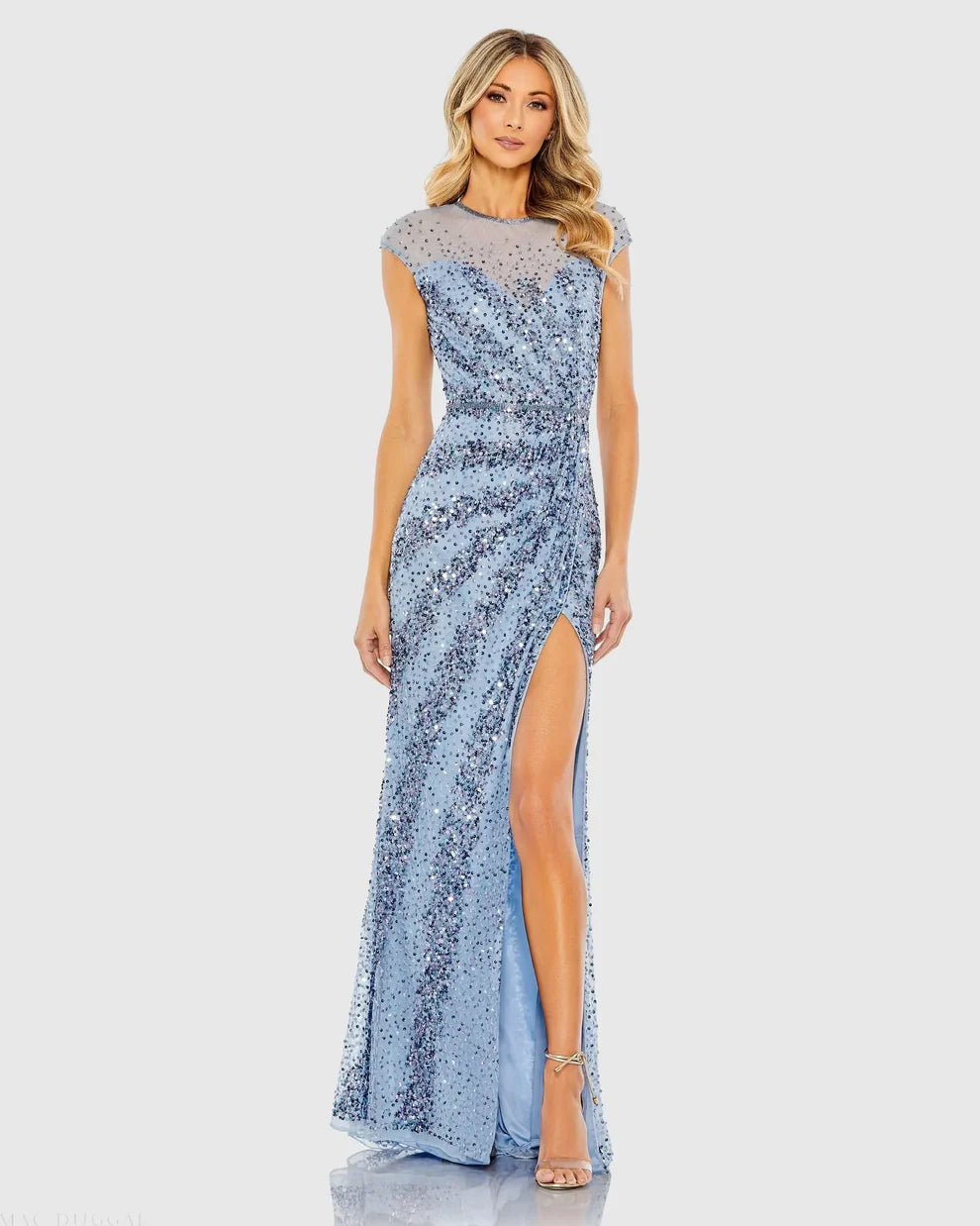 Glamorous Blue Sequin Mermaid Gown Sheer Round Neck Cap Sleeves Zipper Back High Slit Floor-Length Evening Dresses