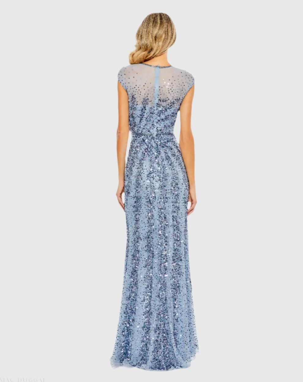 Glamorous Blue Sequin Mermaid Gown Sheer Round Neck Cap Sleeves Zipper Back High Slit Floor-Length Evening Dresses