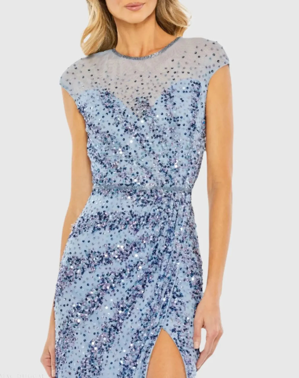 Glamorous Blue Sequin Mermaid Gown Sheer Round Neck Cap Sleeves Zipper Back High Slit Floor-Length Evening Dresses