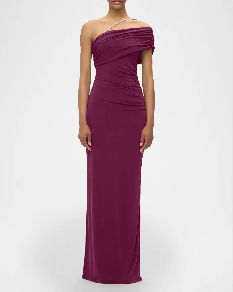 Glamorous Bold Berry Satin Column Silhouette Asymmetrical Neck Rhinestone Strap High Side Slit Floor-Length Evening Dress