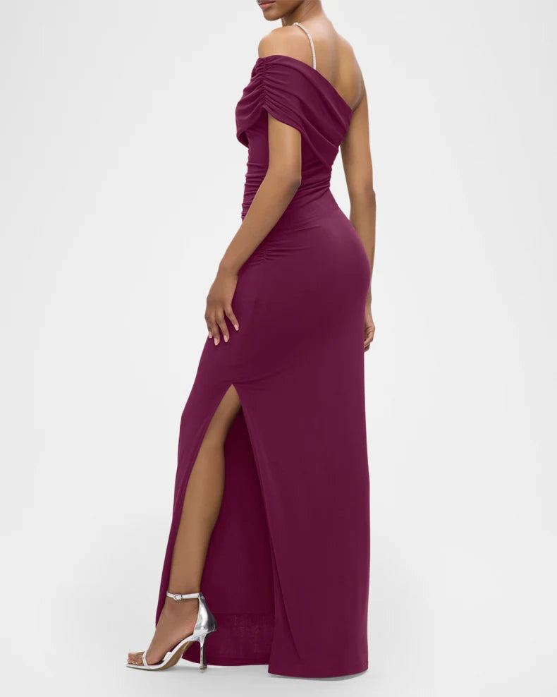 Glamorous Bold Berry Satin Column Silhouette Asymmetrical Neck Rhinestone Strap High Side Slit Floor-Length Evening Dress
