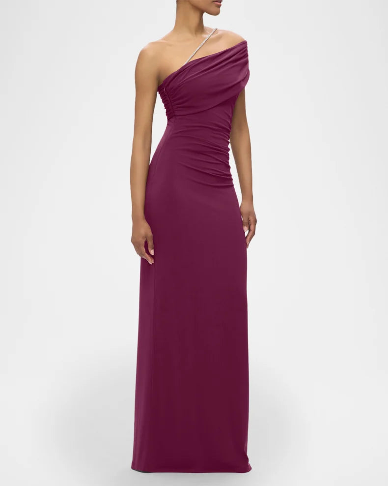 Glamorous Bold Berry Satin Column Silhouette Asymmetrical Neck Rhinestone Strap High Side Slit Floor-Length Evening Dress
