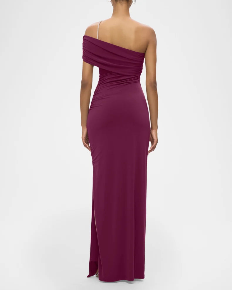 Glamorous Bold Berry Satin Column Silhouette Asymmetrical Neck Rhinestone Strap High Side Slit Floor-Length Evening Dress