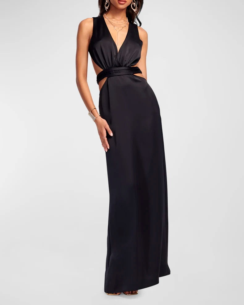 Glamorous Bold Black Satin Column Silhouette Deep V-Neck Cutout Waist Backless Bow Tie Floor-Length Evening Dress