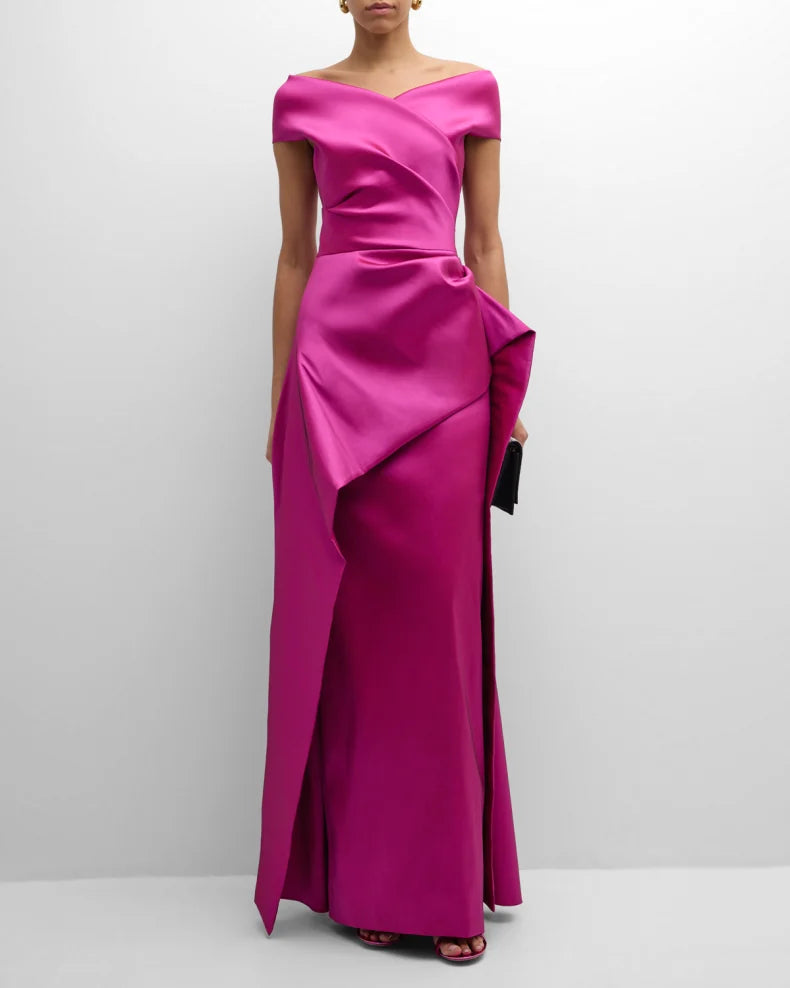 Glamorous Bold Fuchsia Satin Column Silhouette Off-the-Shoulder Neck Short Sleeves Draped Ruffle Detail Floor-Length Evening Dress