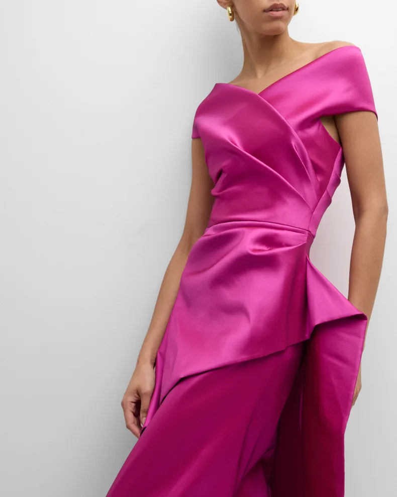 Glamorous Bold Fuchsia Satin Column Silhouette Off-the-Shoulder Neck Short Sleeves Draped Ruffle Detail Floor-Length Evening Dress