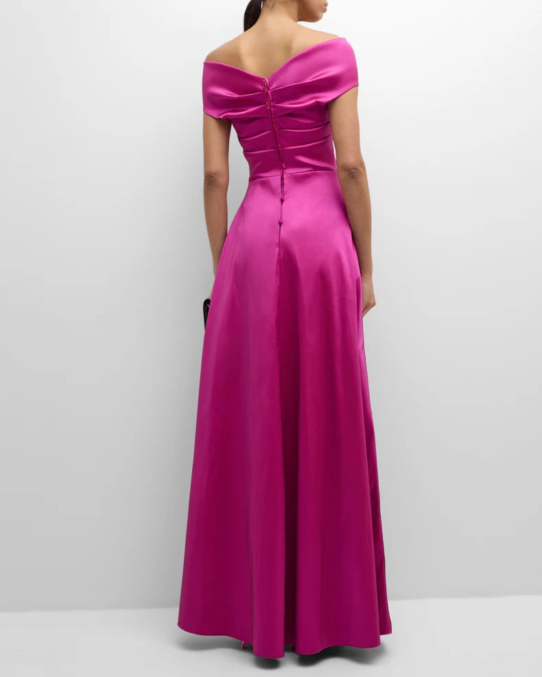 Glamorous Bold Fuchsia Satin Column Silhouette Off-the-Shoulder Neck Short Sleeves Draped Ruffle Detail Floor-Length Evening Dress