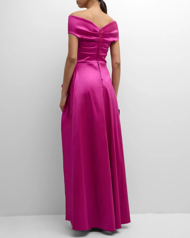 Glamorous Bold Fuchsia Satin Column Silhouette Off-the-Shoulder Neck Short Sleeves Draped Ruffle Detail Floor-Length Evening Dress