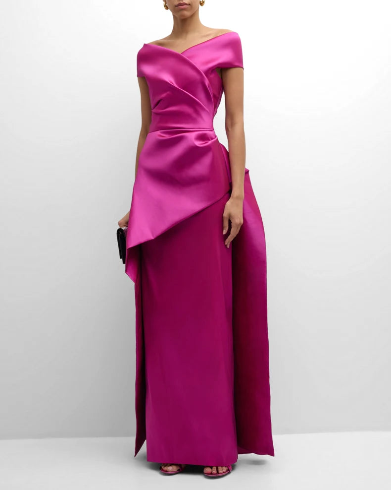 Glamorous Bold Fuchsia Satin Column Silhouette Off-the-Shoulder Neck Short Sleeves Draped Ruffle Detail Floor-Length Evening Dress
