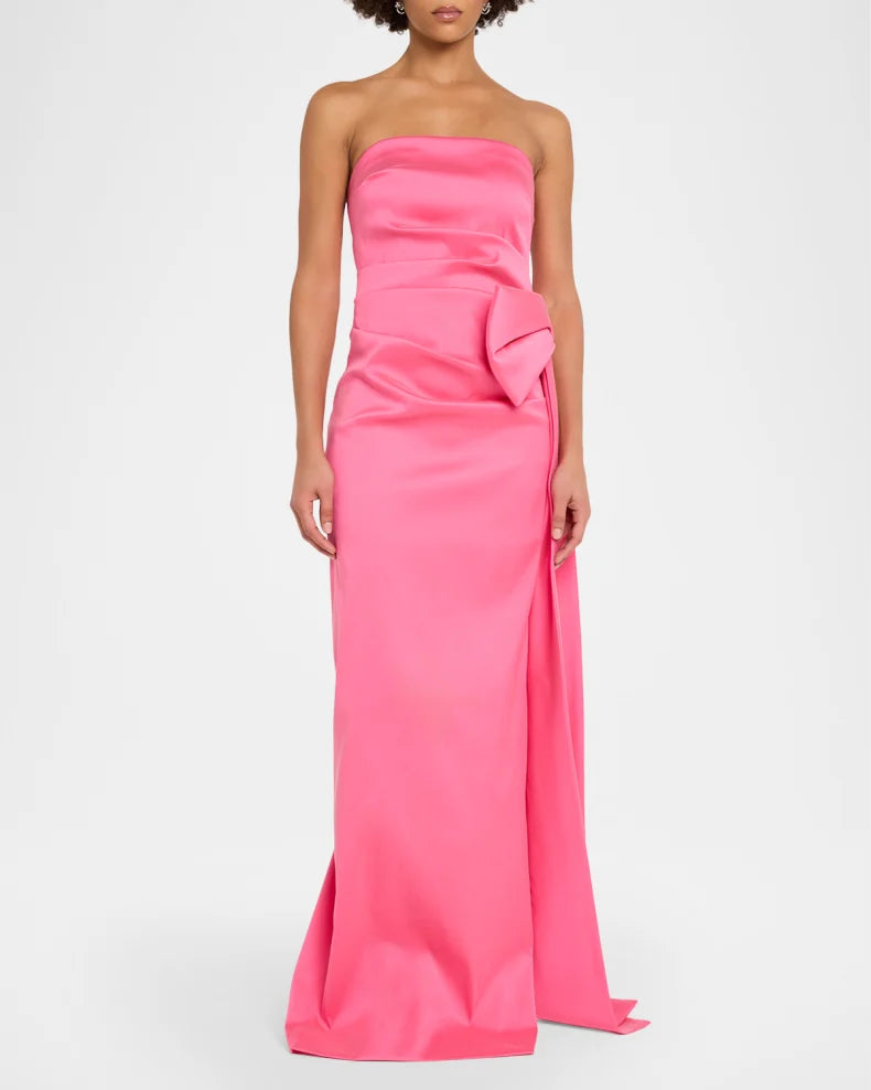 Glamorous Bold Hot Pink Satin Column Silhouette Strapless Neck Bow Detail High Side Slit Floor-Length Evening Dress