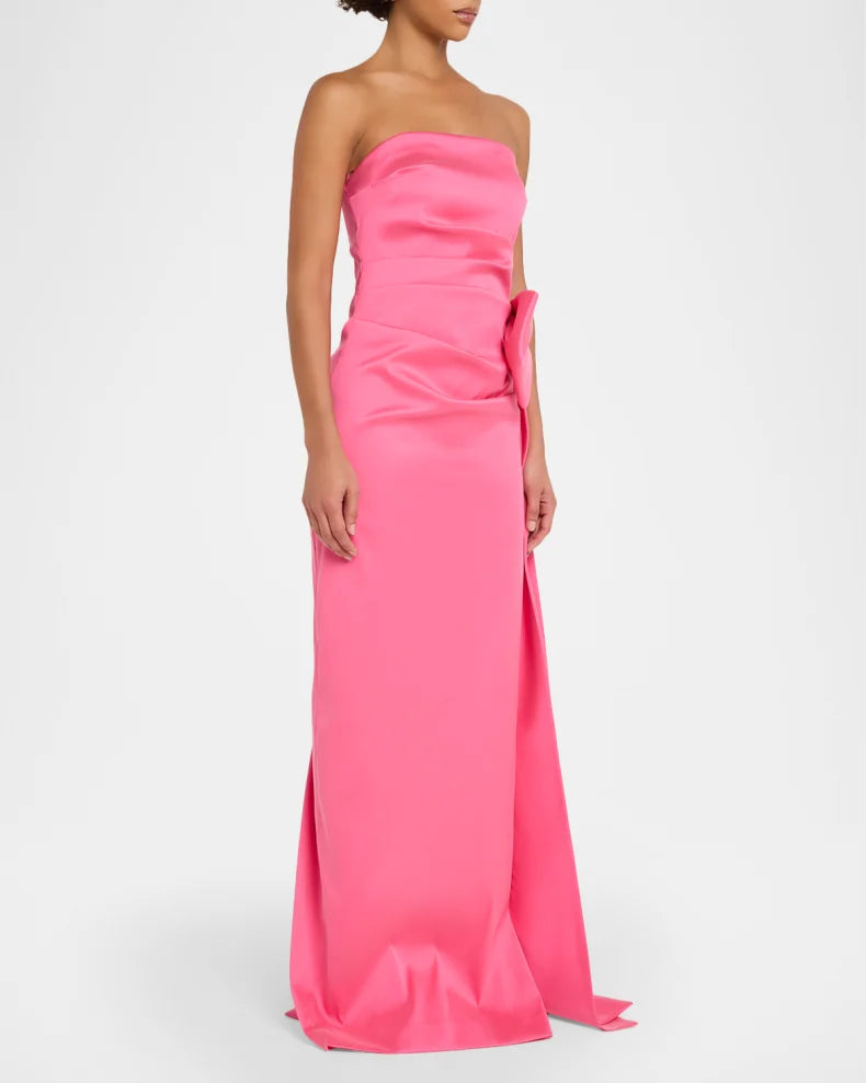 Glamorous Bold Hot Pink Satin Column Silhouette Strapless Neck Bow Detail High Side Slit Floor-Length Evening Dress