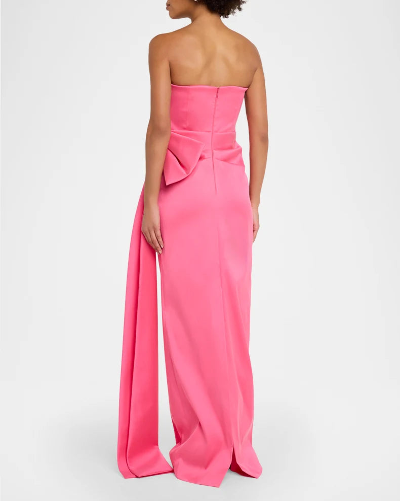 Glamorous Bold Hot Pink Satin Column Silhouette Strapless Neck Bow Detail High Side Slit Floor-Length Evening Dress