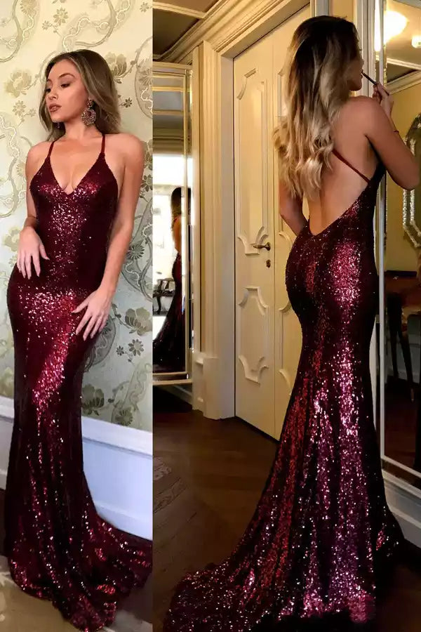 Glamorous Burgundy Sequin Mermaid Gown with Halter Neck & Open Back