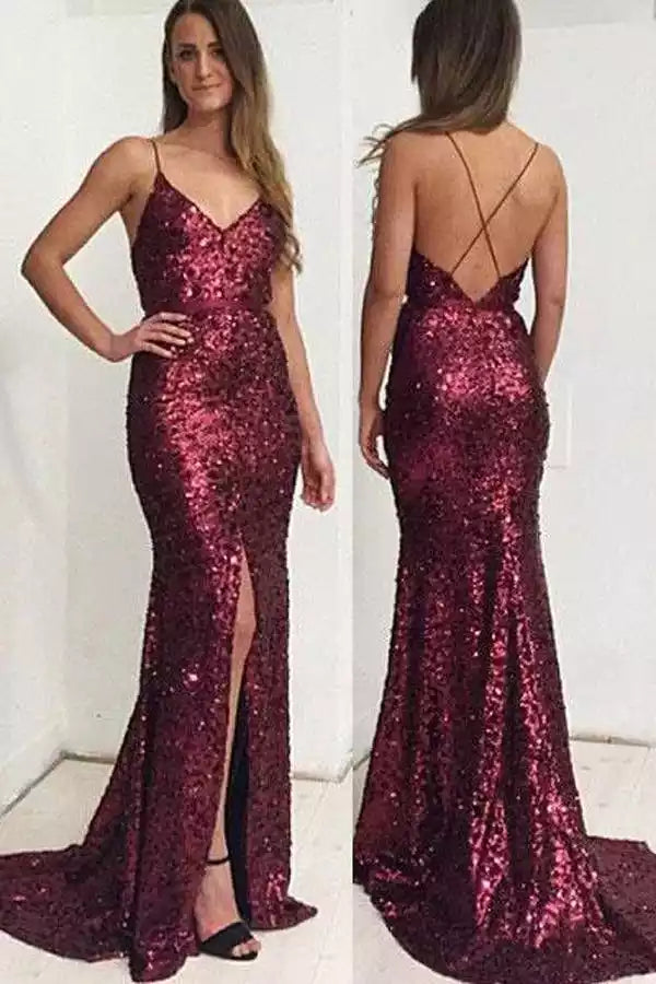 Glamorous Burgundy Sequin Mermaid Gown with Plunge V-Neck & Criss-Cross Back