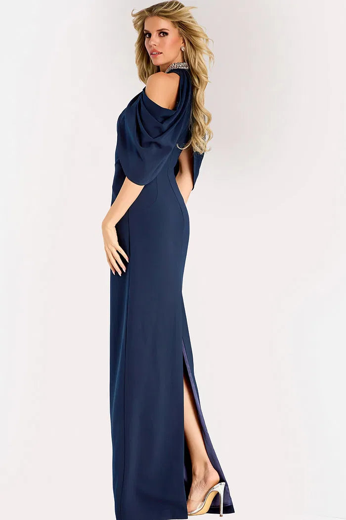 Glamorous Cold-Shoulder Evening Dresses with Rhinestone Neckline Detail, Draped Capelet Sleeves, Daring High Slit and Form-Fitting Crepe Maxi Silhouette Formal Gown