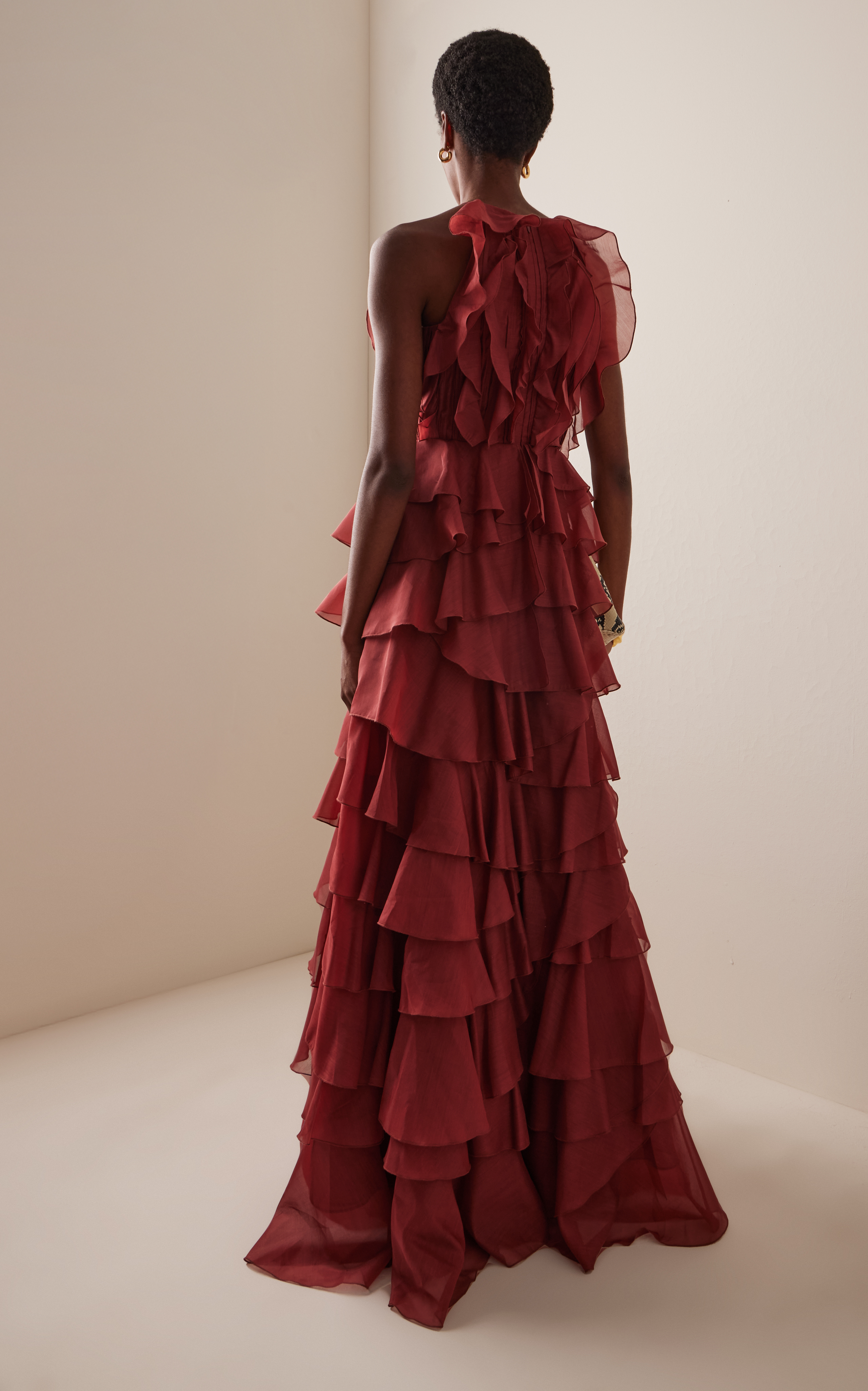 Glamorous Dramatic Romantic Elegant Sophisticated Luxurious Voluminous Flowy A-Line High Neck Sleeveless Back Zip Tiered Ruffle Maxi Formal Evening Dresses