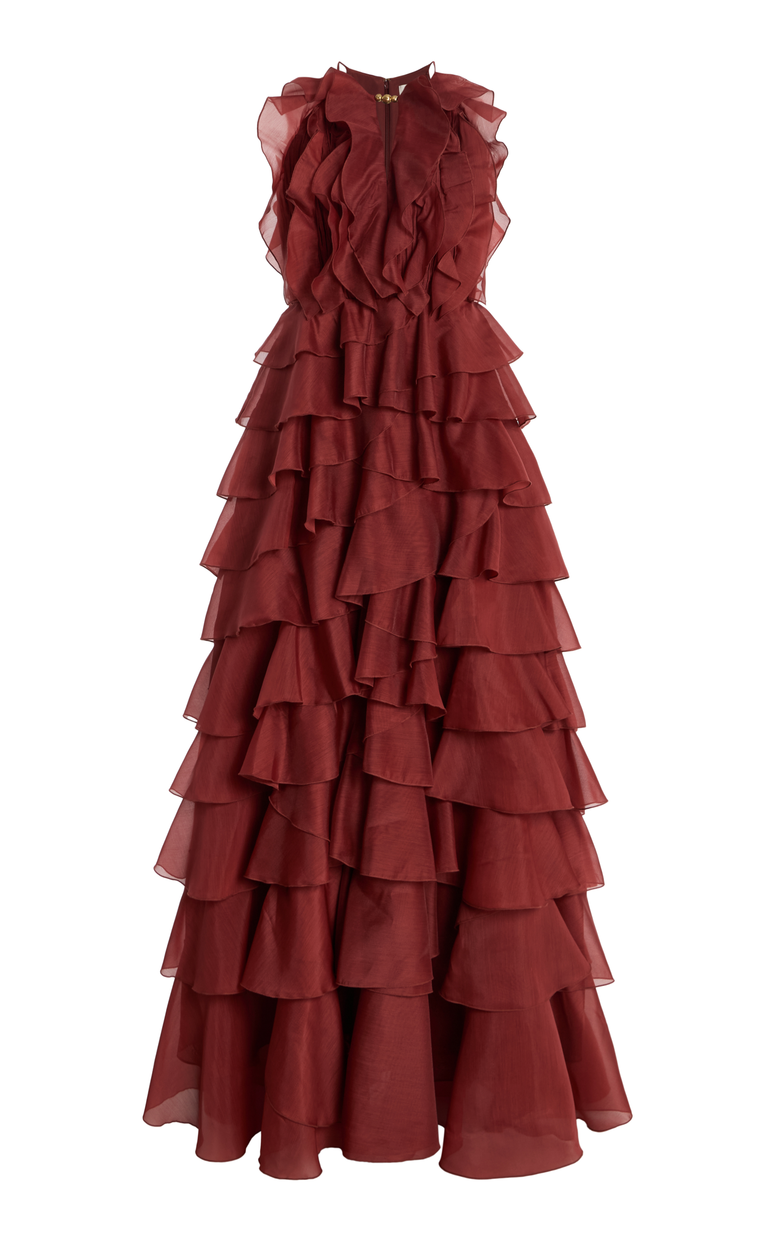 Glamorous Dramatic Romantic Elegant Sophisticated Luxurious Voluminous Flowy A-Line High Neck Sleeveless Back Zip Tiered Ruffle Maxi Formal Evening Dresses