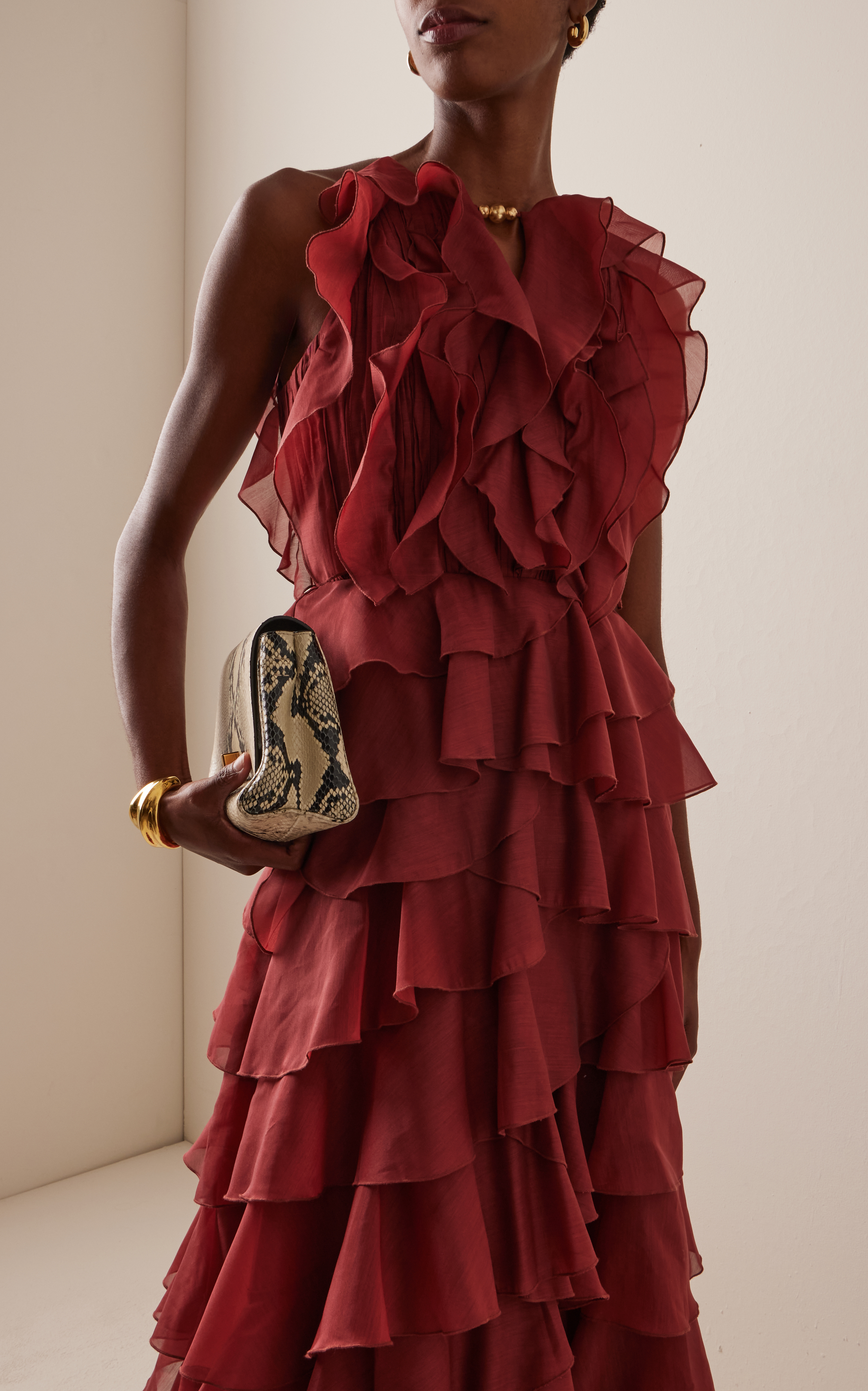 Glamorous Dramatic Romantic Elegant Sophisticated Luxurious Voluminous Flowy A-Line High Neck Sleeveless Back Zip Tiered Ruffle Maxi Formal Evening Dresses