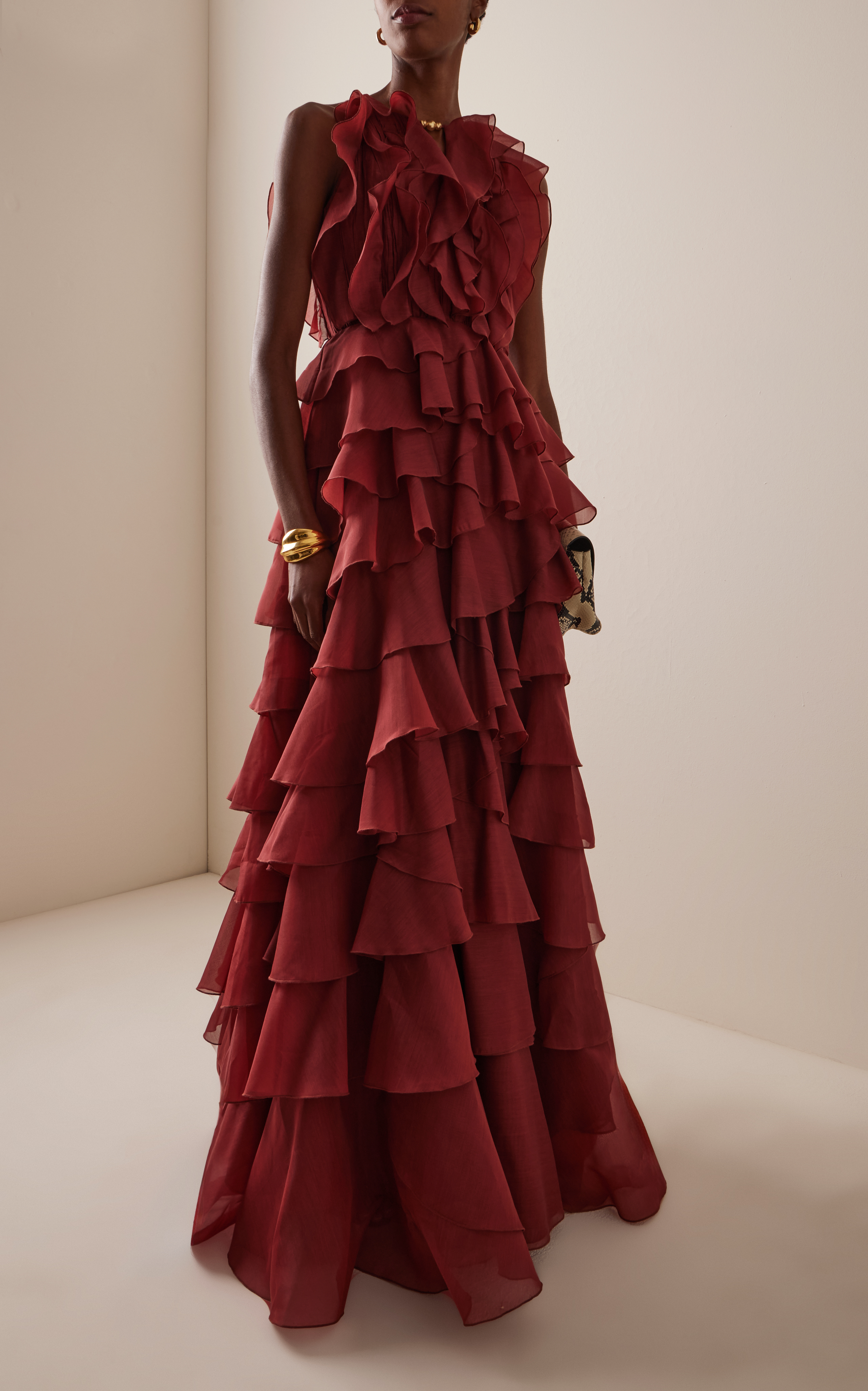 Glamorous Dramatic Romantic Elegant Sophisticated Luxurious Voluminous Flowy A-Line High Neck Sleeveless Back Zip Tiered Ruffle Maxi Formal Evening Dresses