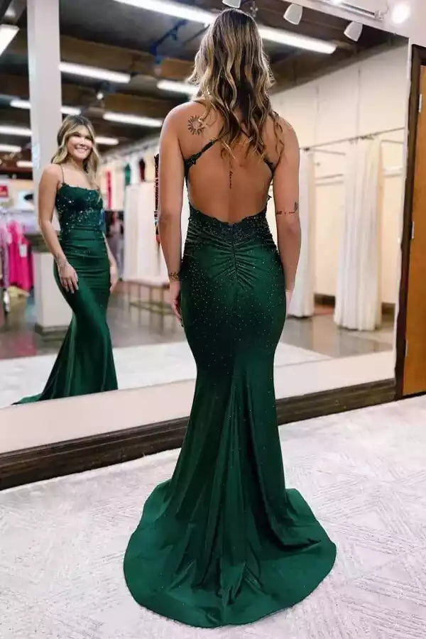 Glamorous Emerald Green Satin Mermaid Prom Gown with Beaded Lace Bodice & Open Back
