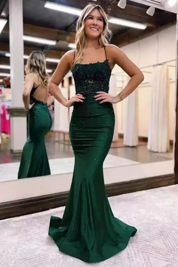 Glamorous Emerald Green Satin Mermaid Prom Gown with Beaded Lace Bodice & Open Back