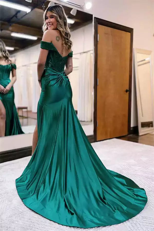 Glamorous Emerald Green Satin Mermaid Prom Gown with Off-the-Shoulder Lace Bodice & High Slit