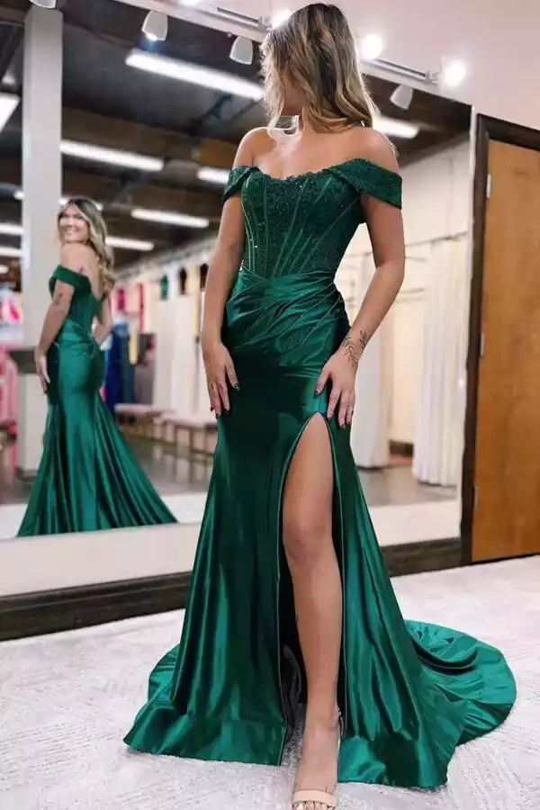 Glamorous Emerald Green Satin Mermaid Prom Gown with Off-the-Shoulder Lace Bodice & High Slit