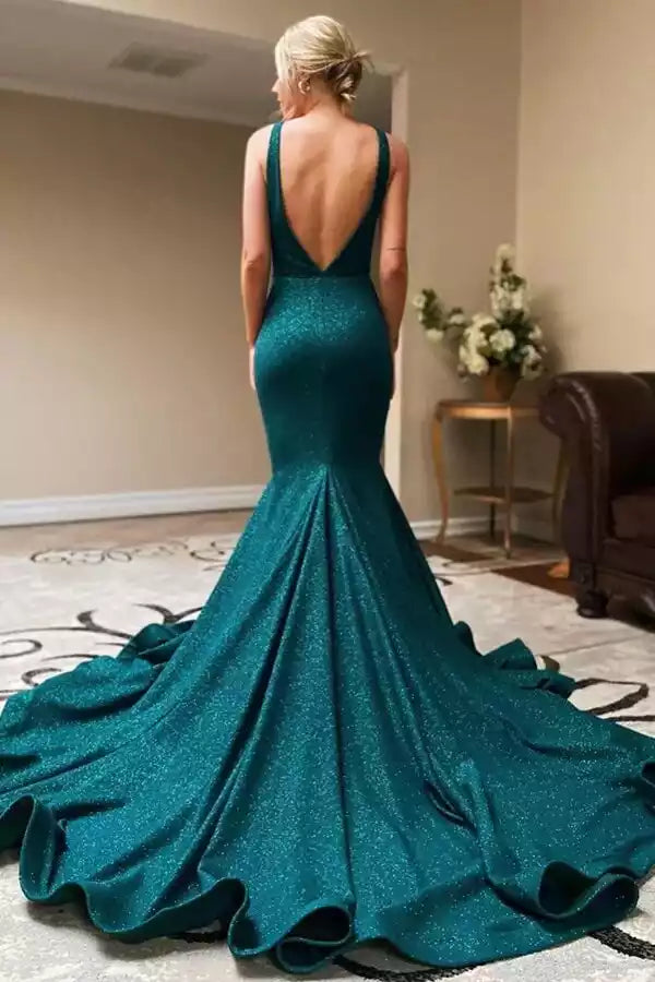Glamorous Emerald Green Sparkle Mermaid Gown with Plunge V-Neck & Open Back