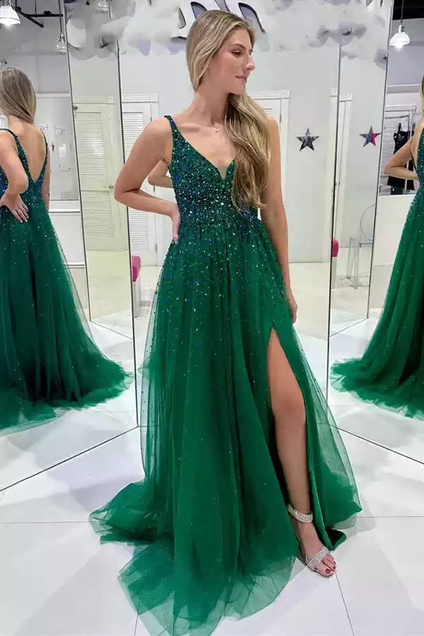 Glamorous Emerald Green Tulle A-Line Gown with Sequin Bodice & Plunge V-Neck