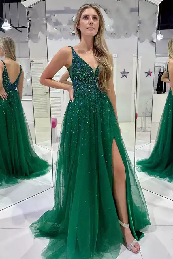 Glamorous Emerald Green Tulle A-Line Gown with Sequin Bodice & Plunge V-Neck