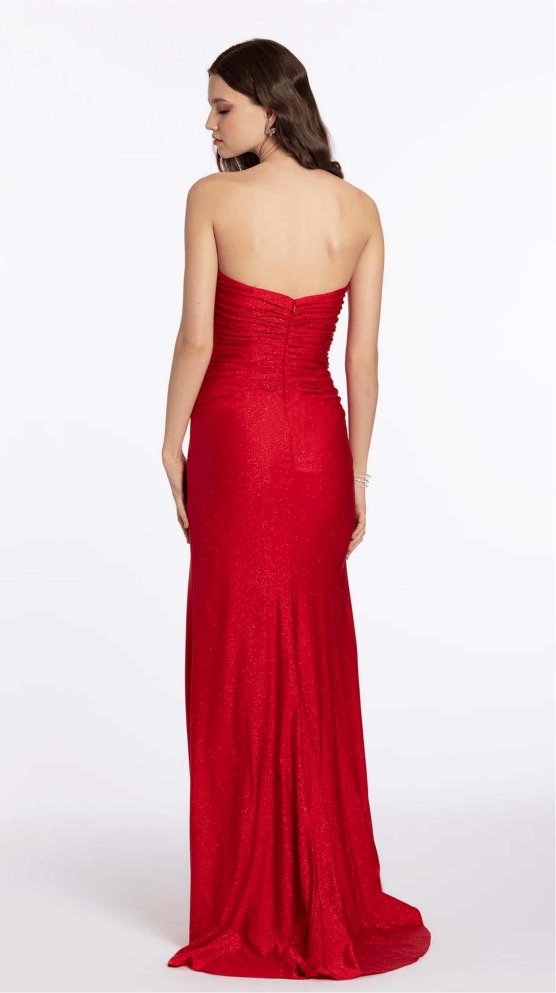 Glamorous Evening Dress with Strapless Neckline, Rhinestone Bows and Cutout Details