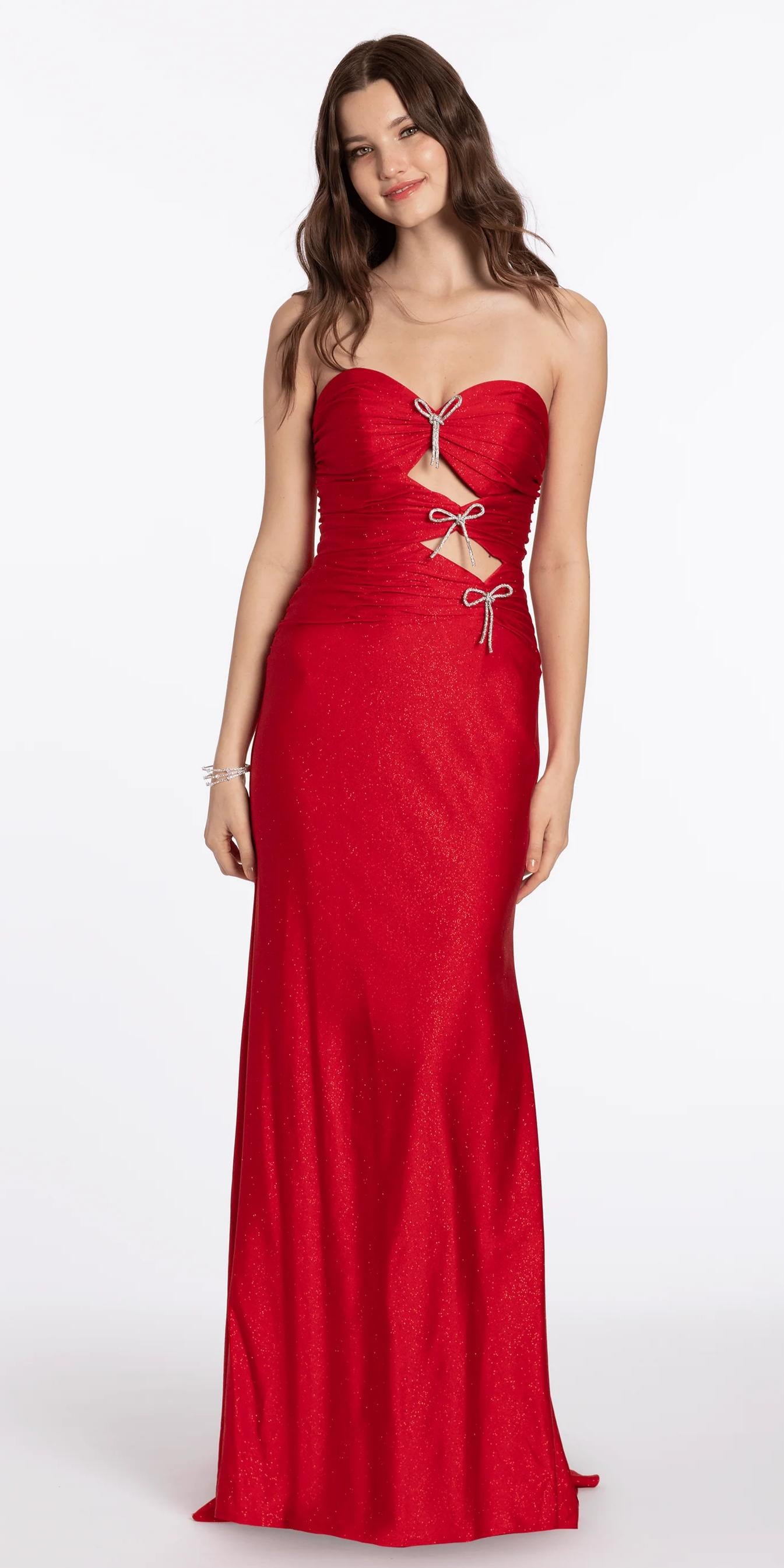 Glamorous Evening Dress with Strapless Neckline, Rhinestone Bows and Cutout Details