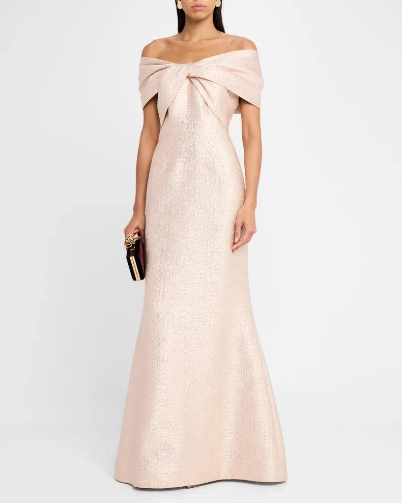 Glamorous Exquisite Rose Gold Metallic Mermaid Silhouette Off-the-Shoulder Neck Short Sleeves Floor-Length Evening Dress