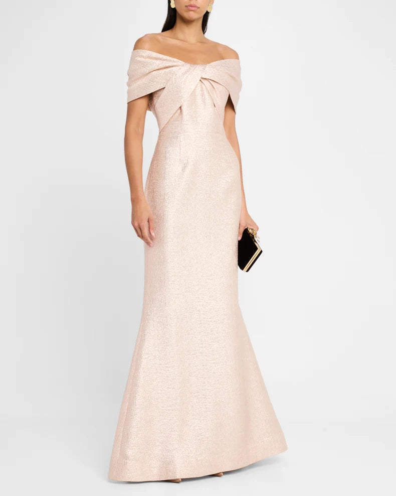Glamorous Exquisite Rose Gold Metallic Mermaid Silhouette Off-the-Shoulder Neck Short Sleeves Floor-Length Evening Dress
