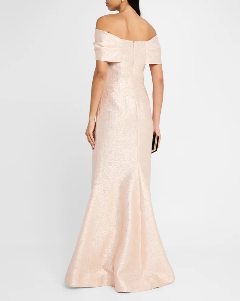 Glamorous Exquisite Rose Gold Metallic Mermaid Silhouette Off-the-Shoulder Neck Short Sleeves Floor-Length Evening Dress