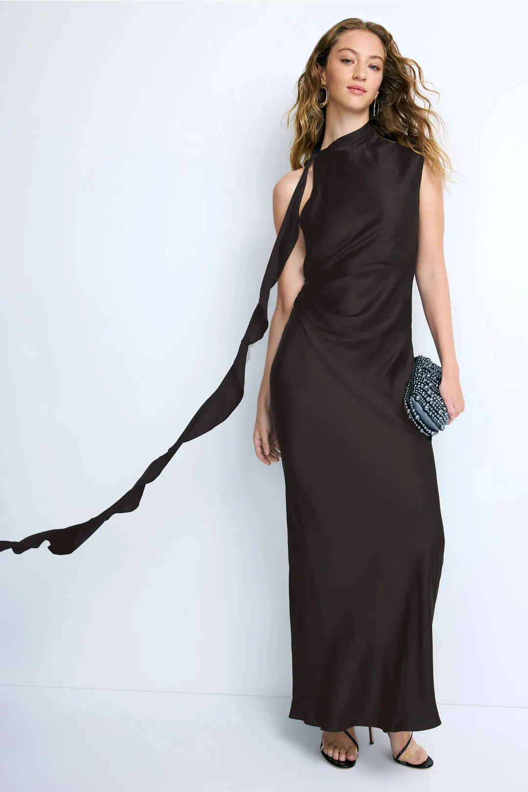 Glamorous Figure-Flattering Solid Satin Draped Maxi High Neck Sleeveless Open Back Adjustable Tie Dramatic Ruffle Detail Floor-Length Formal Evening Dresses