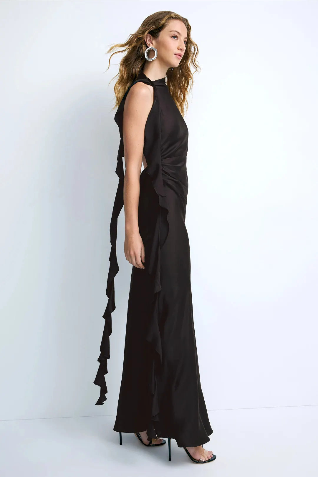 Glamorous Figure-Flattering Solid Satin Draped Maxi High Neck Sleeveless Open Back Adjustable Tie Dramatic Ruffle Detail Floor-Length Formal Evening Dresses
