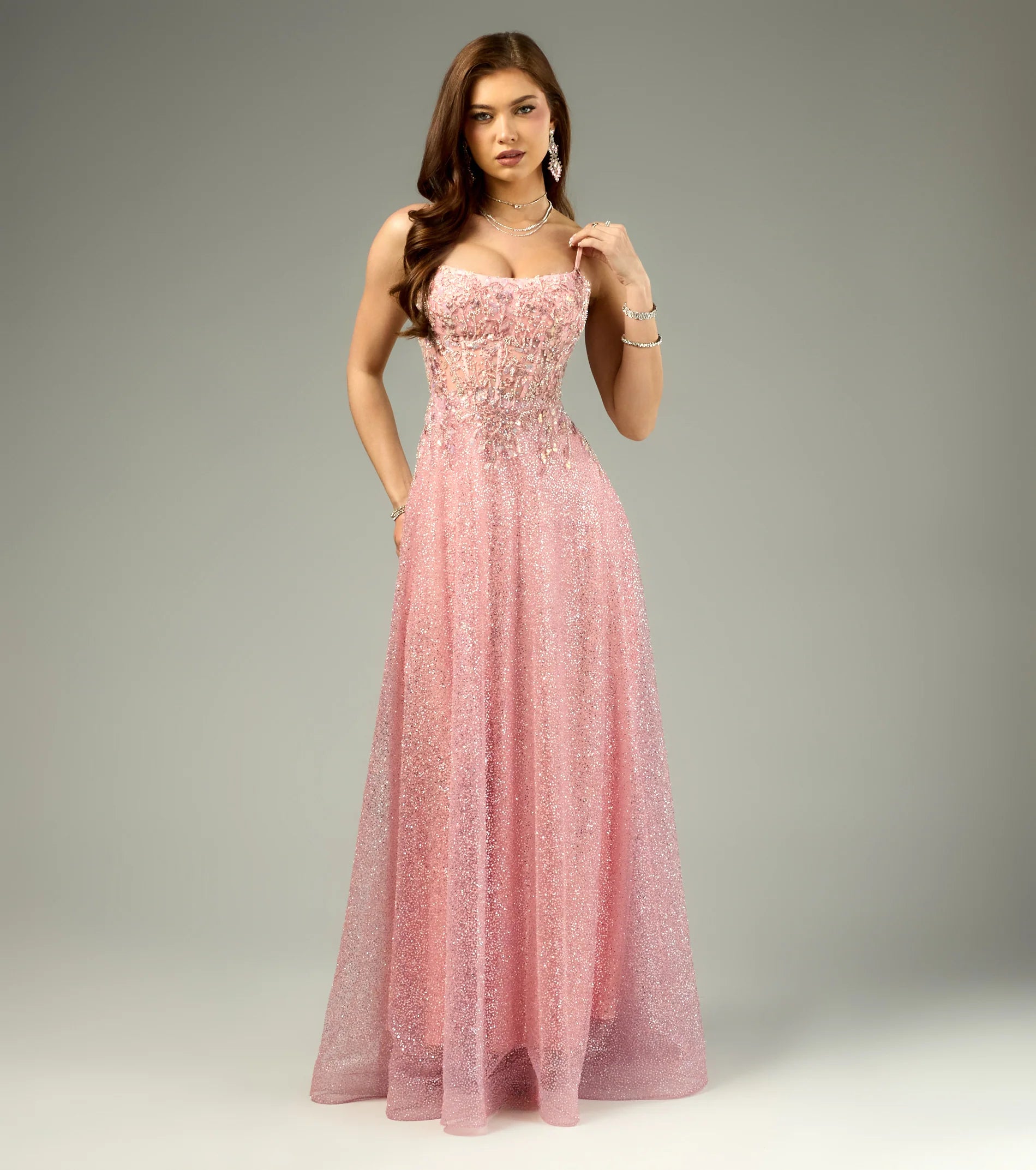 Glamorous Fitted A-Line Square Neck Spaghetti Strap Lace-Up Back Sequin Lace Applique Prom Dresses