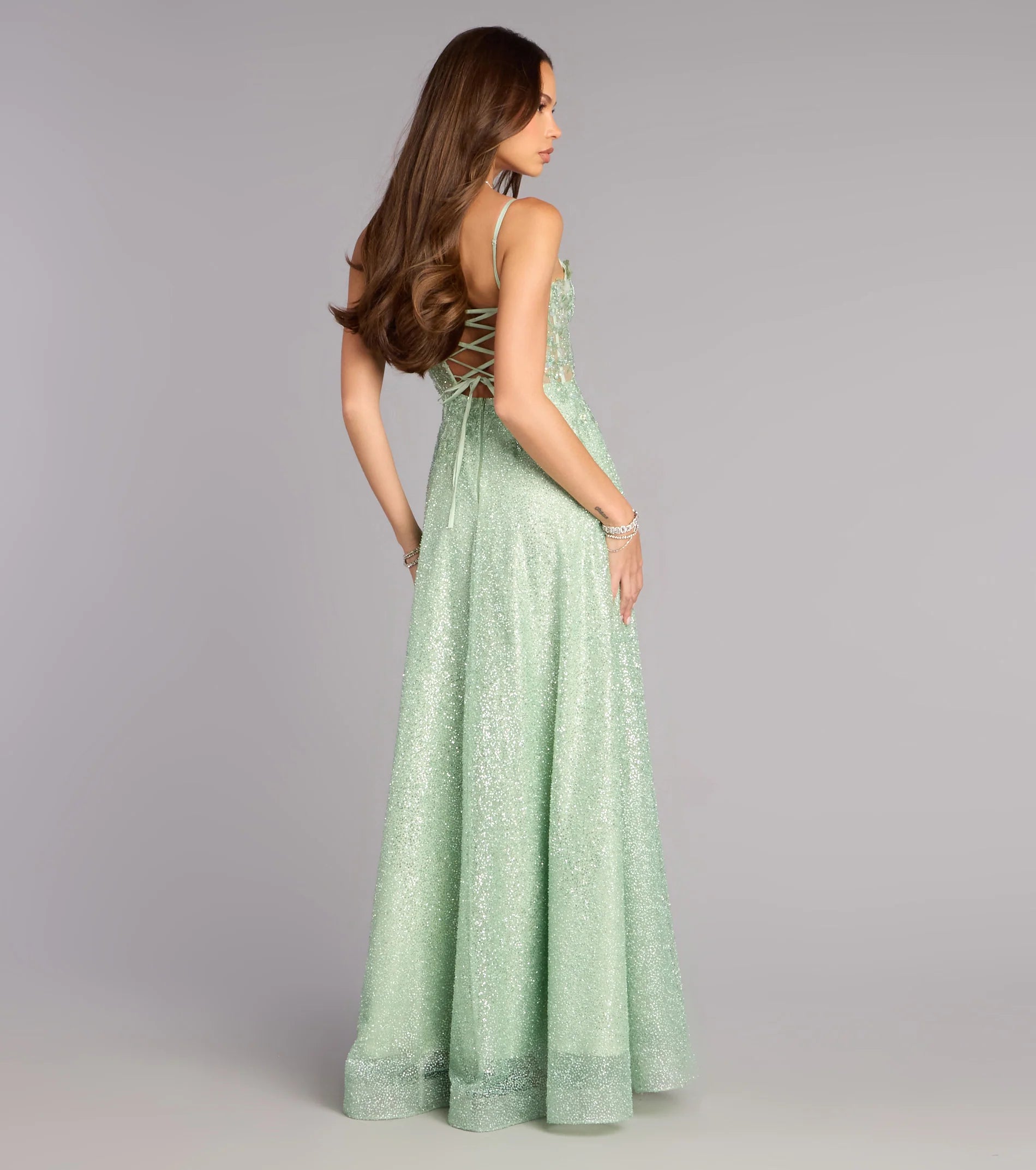 Glamorous Fitted A-Line Square Neck Spaghetti Strap Lace-Up Back Sequin Lace Applique Prom Dresses