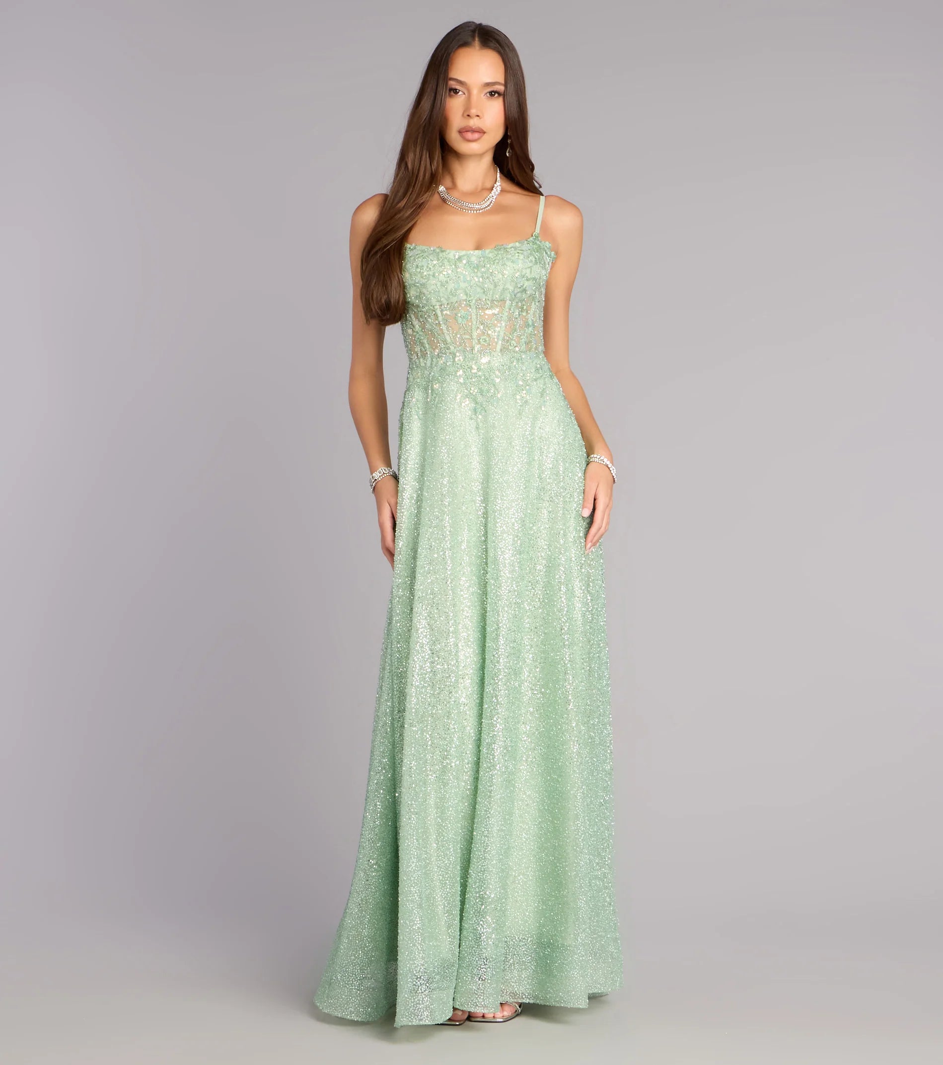 Glamorous Fitted A-Line Square Neck Spaghetti Strap Lace-Up Back Sequin Lace Applique Prom Dresses