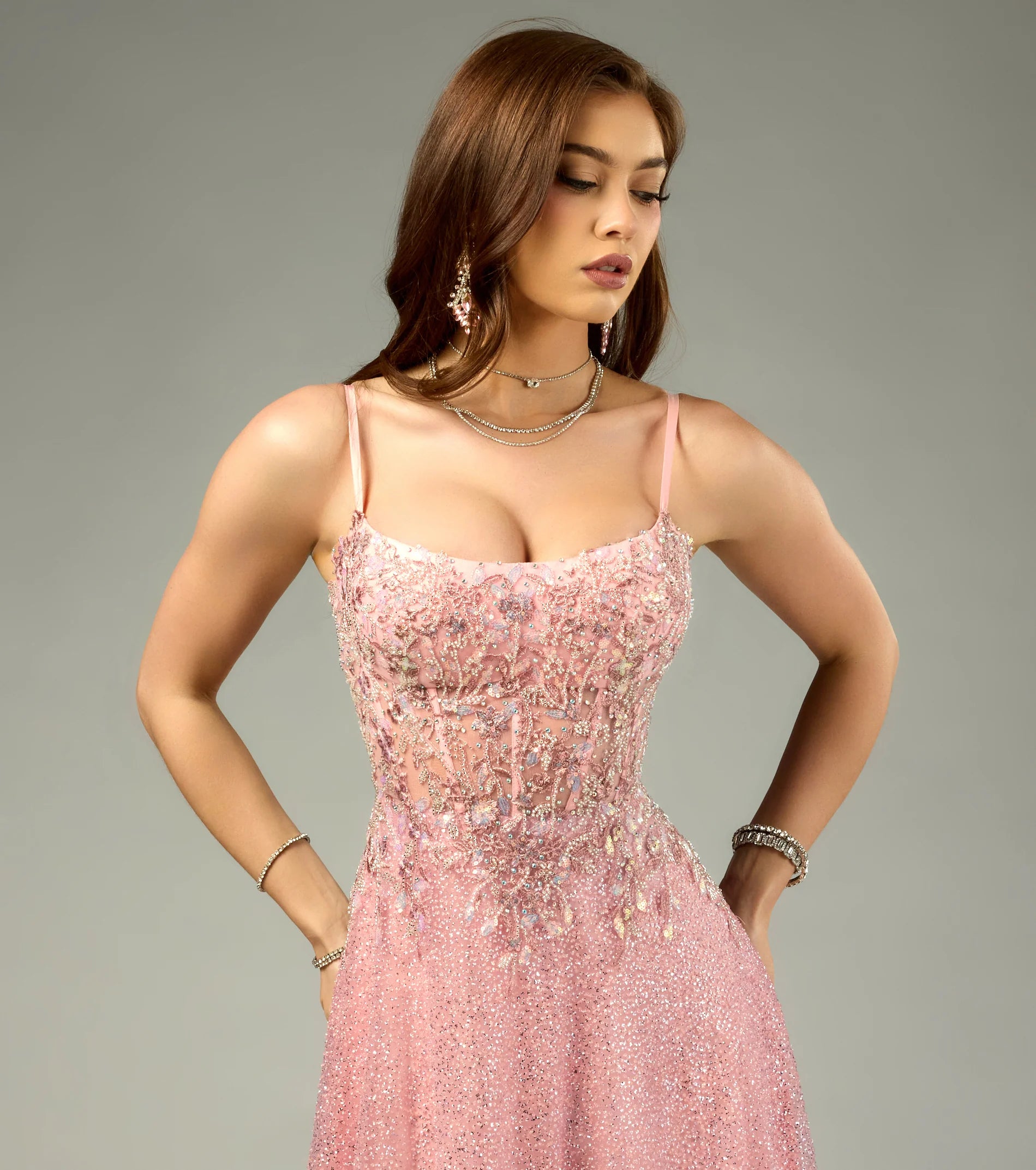 Glamorous Fitted A-Line Square Neck Spaghetti Strap Lace-Up Back Sequin Lace Applique Prom Dresses