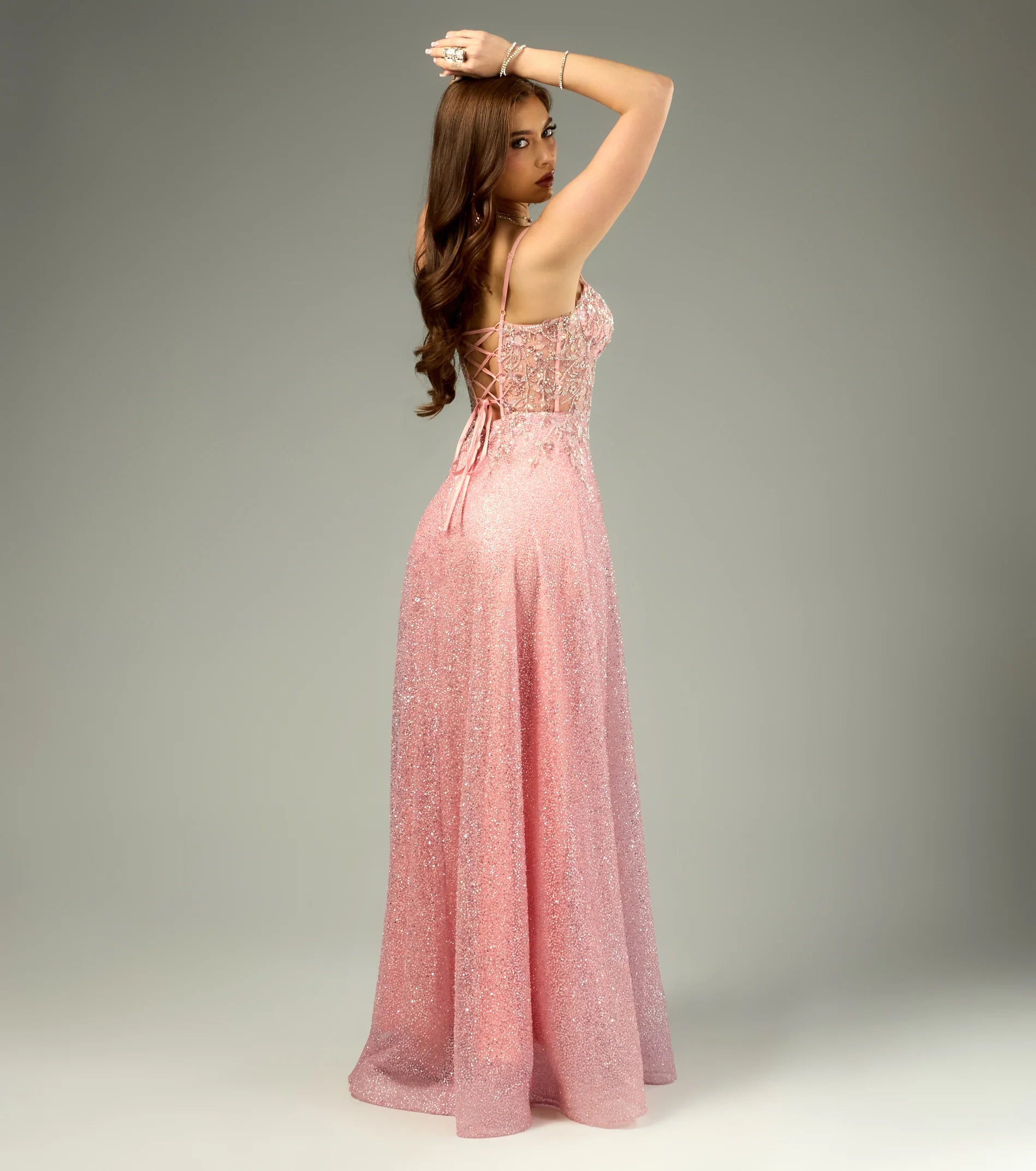 Glamorous Fitted A-Line Square Neck Spaghetti Strap Lace-Up Back Sequin Lace Applique Prom Dresses