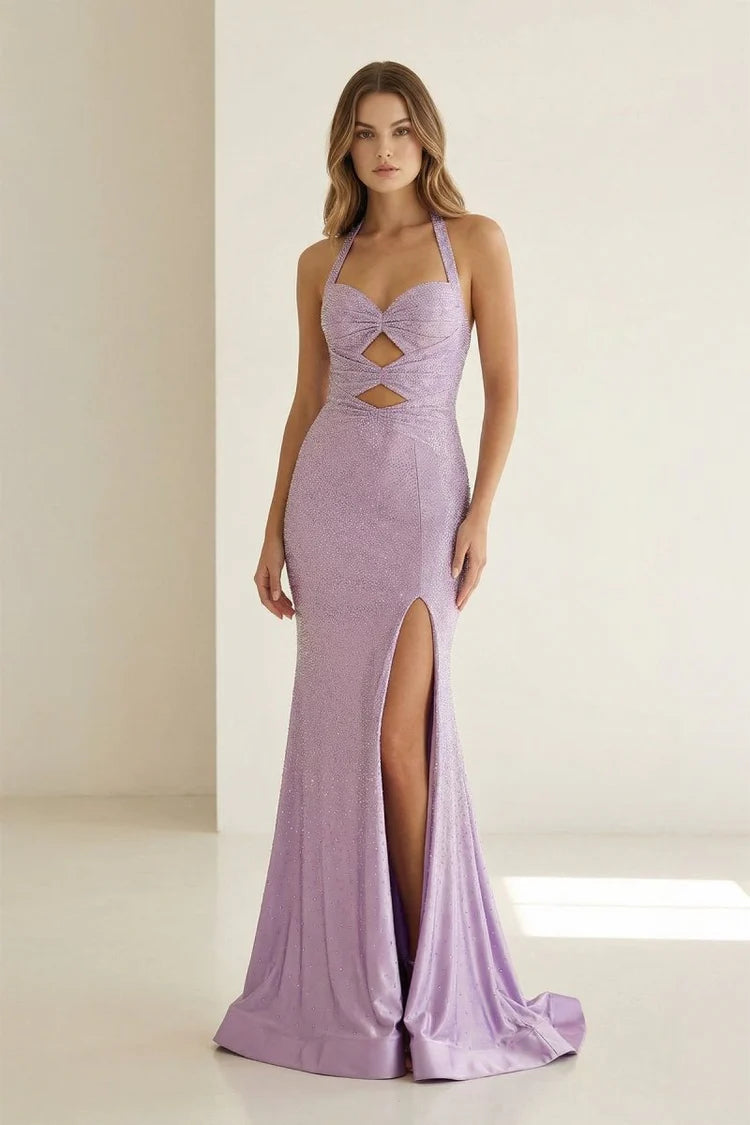 Glamorous Fitted Mermaid Sweetheart Neck Halter Strap Lace-Up Back Floor-Length Prom Gown
