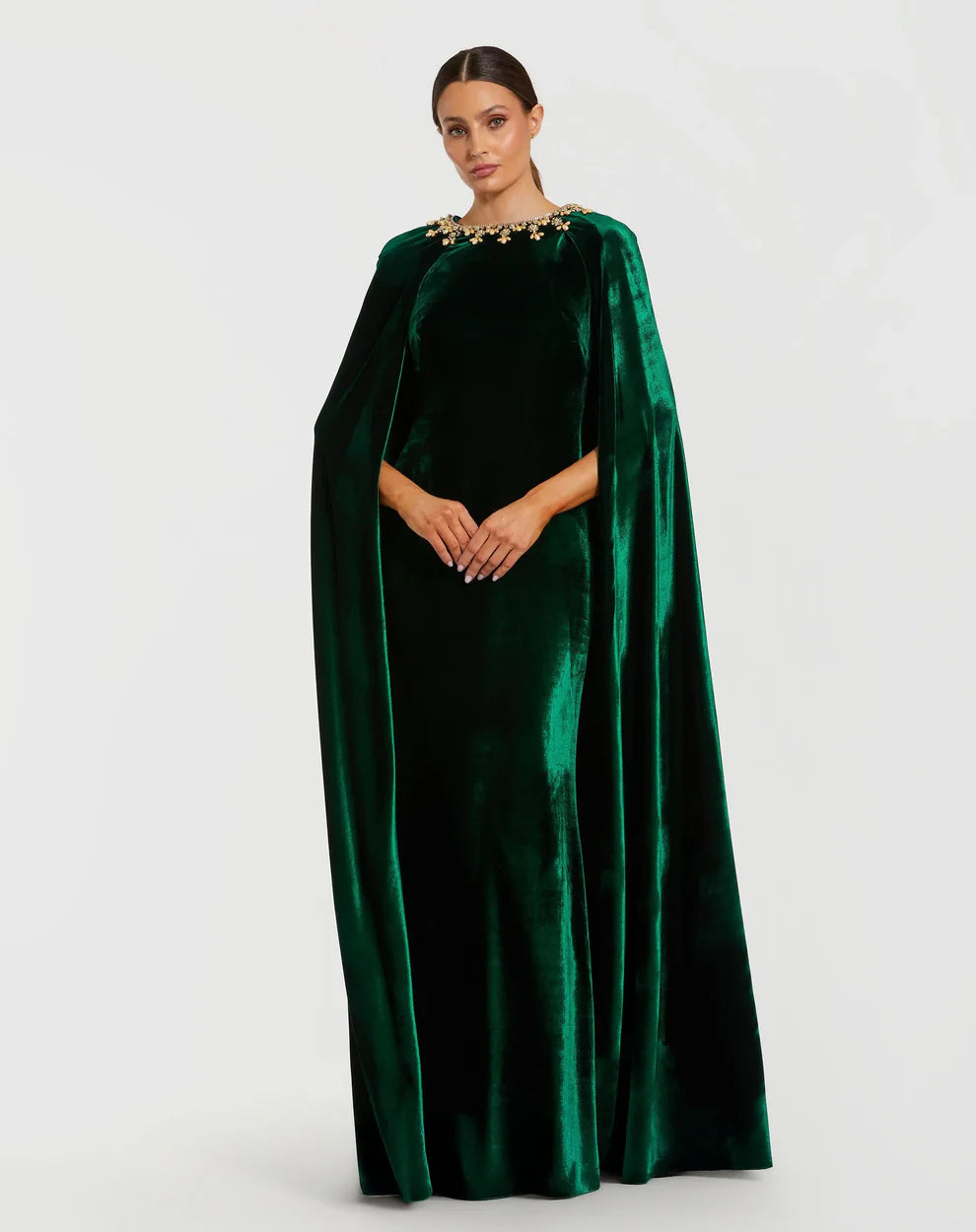 Glamorous Form-Fitting Column Silhouette High Neck Cape Sleeve Velvet Beaded Maxi Evening Dress