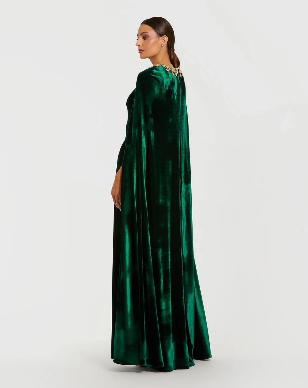 Glamorous Form-Fitting Column Silhouette High Neck Cape Sleeve Velvet Beaded Maxi Evening Dress
