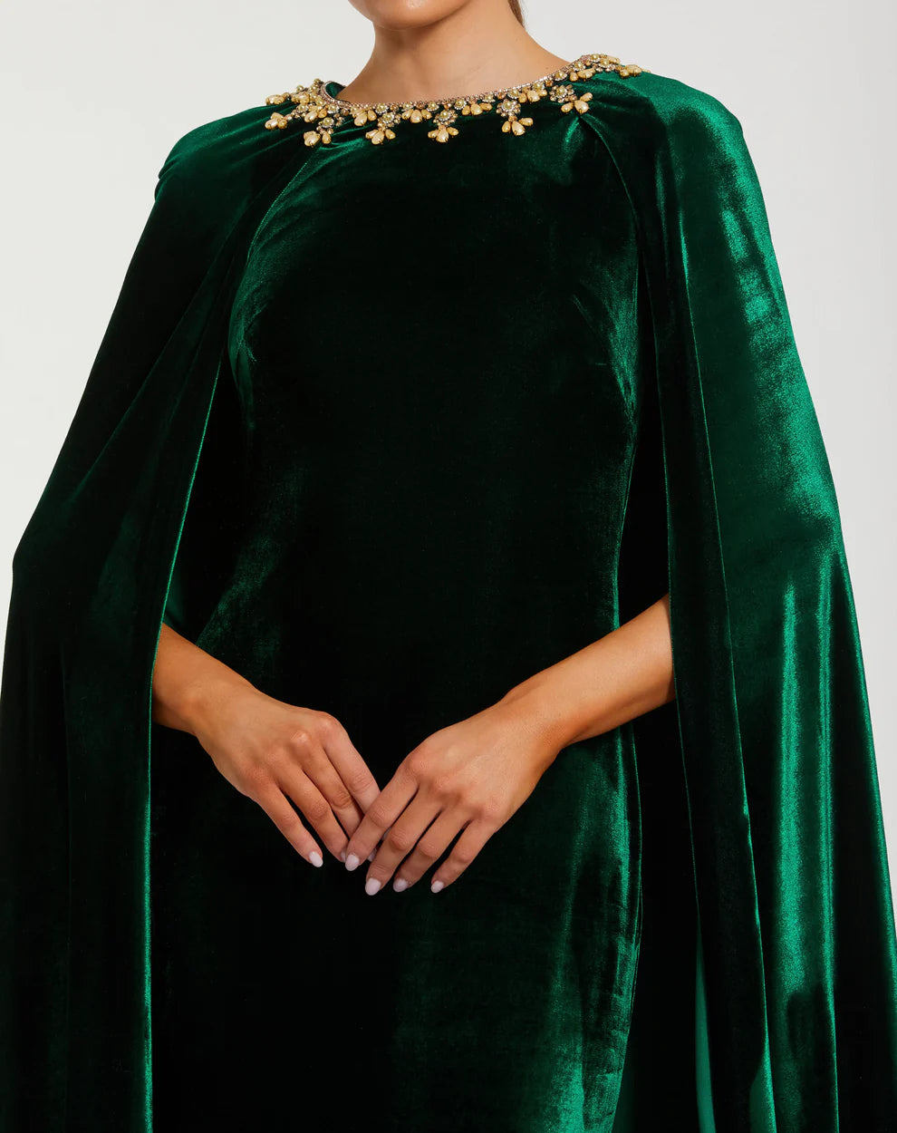 Glamorous Form-Fitting Column Silhouette High Neck Cape Sleeve Velvet Beaded Maxi Evening Dress