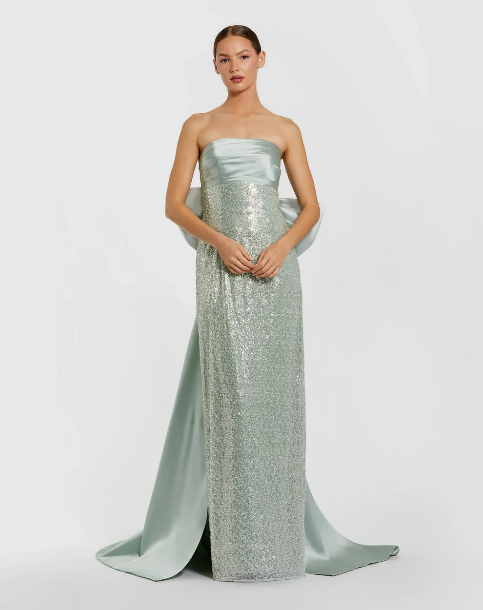 Glamorous Form-Fitting Column Silhouette Strapless Sequin Oversized Bow Maxi Evening Dress