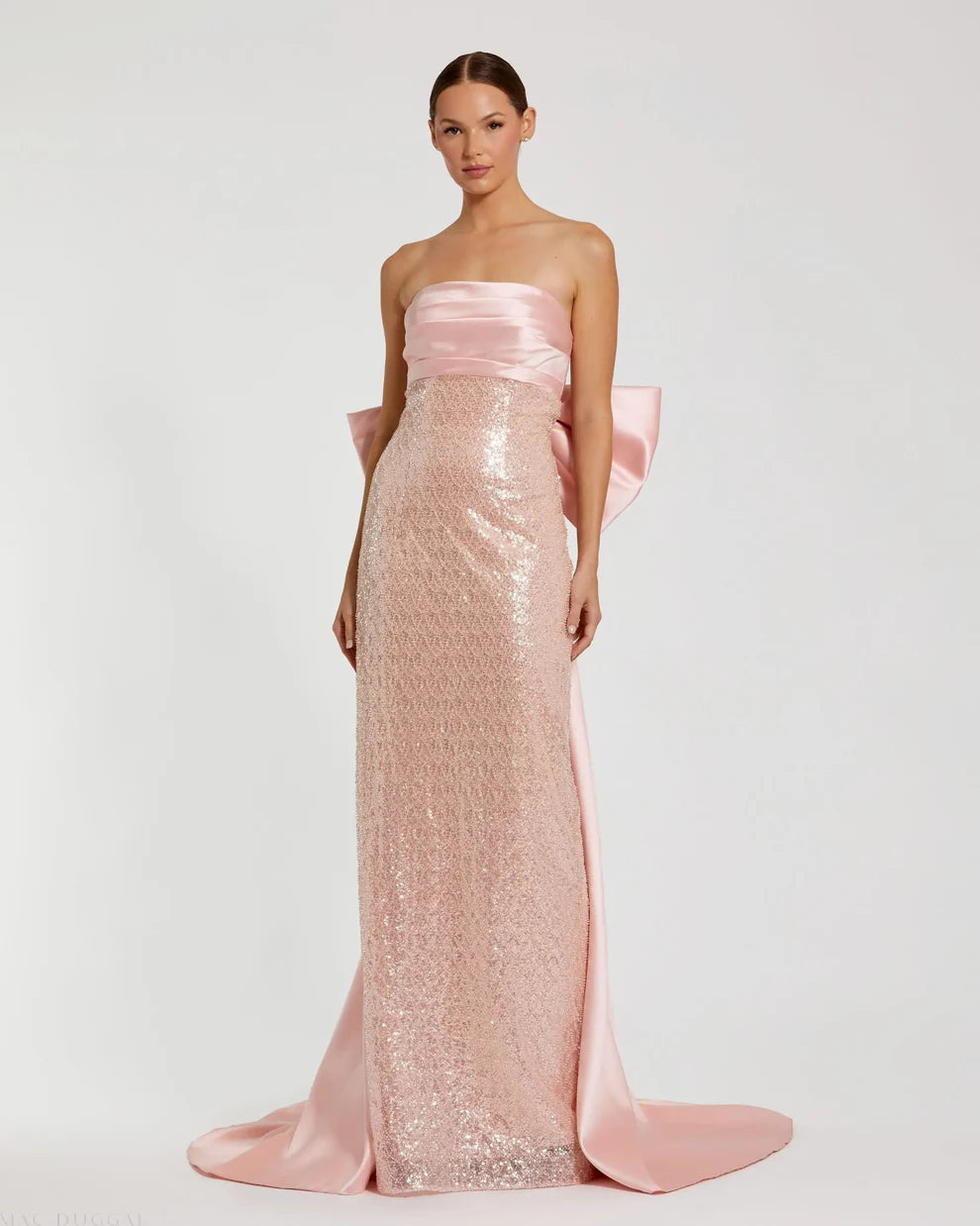 Glamorous Form-Fitting Column Silhouette Strapless Sequin Oversized Bow Maxi Evening Dress