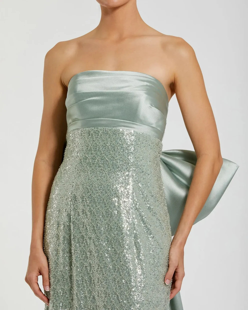 Glamorous Form-Fitting Column Silhouette Strapless Sequin Oversized Bow Maxi Evening Dress