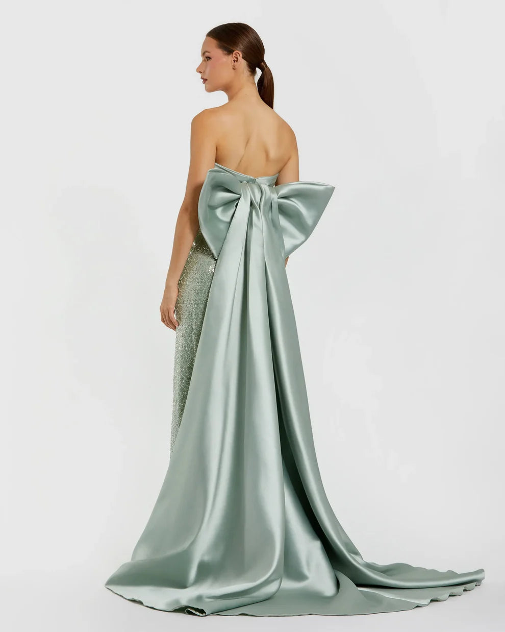 Glamorous Form-Fitting Column Silhouette Strapless Sequin Oversized Bow Maxi Evening Dress